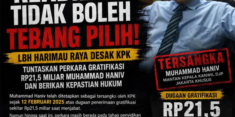 LBH Harimau Raya Desak KPK Tuntaskan  Perkara Gratifikasi  Mantan Dirjen Pajak RP 21,5 M,  Muhammad Haniv
