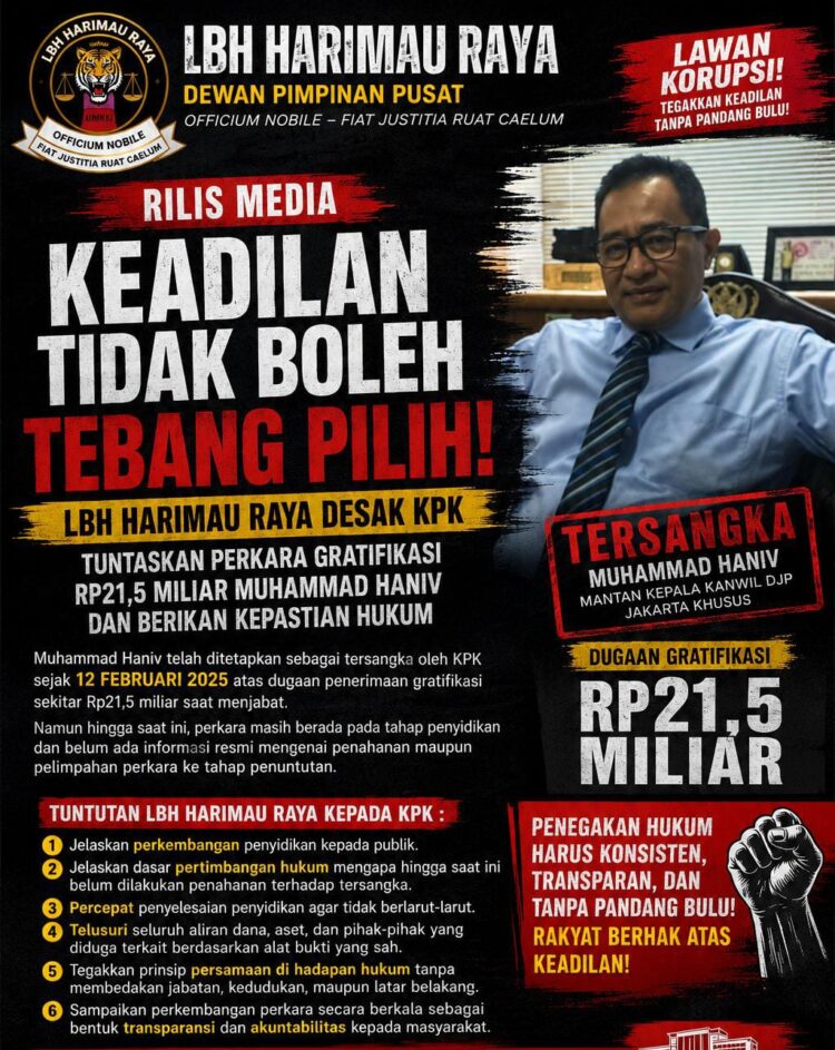 LBH Harimau Raya Desak KPK Tuntaskan  Perkara Gratifikasi  Mantan Dirjen Pajak RP 21,5 M,  Muhammad Haniv