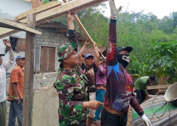 Gotong Royong TIGA PILAR: Koramil, Polsek, Dan Warga Wonoagung Kasembon Lakukan Bedah Rumah Warga Tidak Mampu